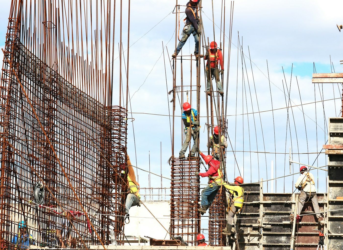 Construction team working together on site
